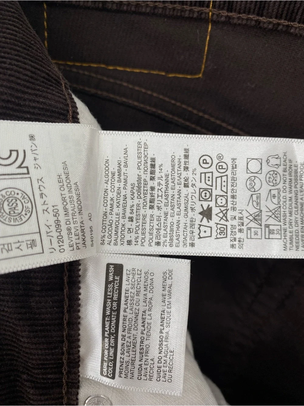 Levi's 511 Straight Stretch Brown Corduroy Chino Pants 36 x 34.